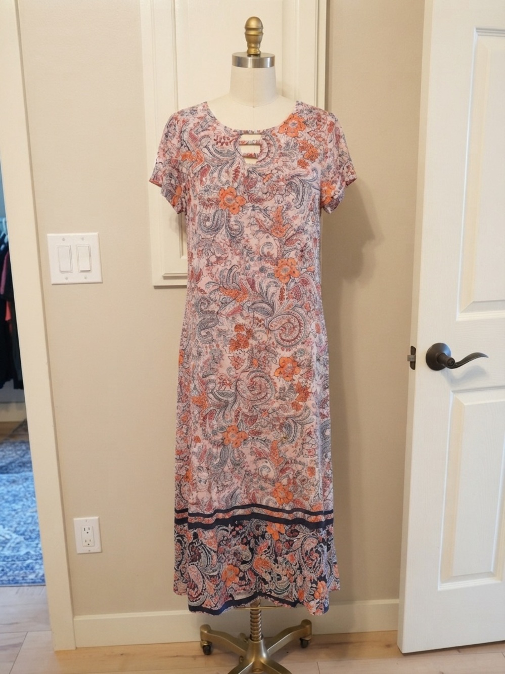 J. Jill Coral and Navy Paisley Floral Short-Sleeve Maxi Dress